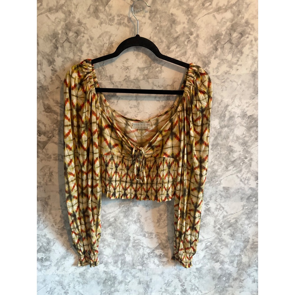 Urban Outfitters Tie Front Top Smocked Long Sleeve Crop Blouse Bohemian‎ L